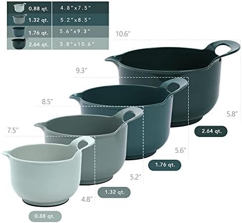 BoxedHome 4 Pack Nesting Mixing Bowl with Pour Spout and Handle, BPA free Microwave & Dishwasher Safe(Green, 4 Pack with Handle)