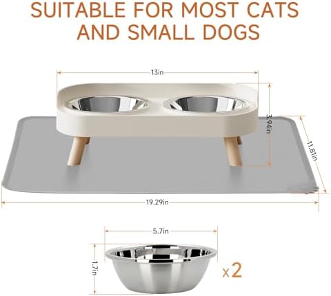 Elevated Cat Bowl with Food Mat, Raised Cat Food and Water Bowl Set for Indoor Cats, Splash Proof with 2 Stainless Steel Pet Food Bowls for Cats and Puppies,Whisker Fatigue and Dishwasher Safe (White)