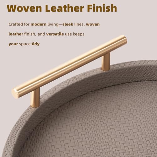 2 Piece Coffee Brown Round Serving Tray with Handles, Woven-Texture Faux Leather Ottoman Tray for Living Room, Decorative Tray for Coffee Table Home Decor