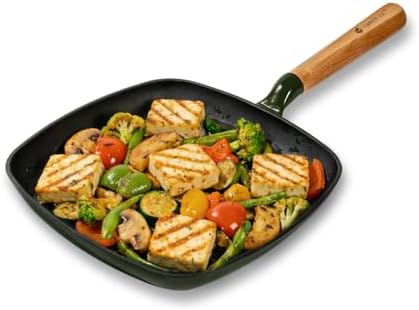 CUMIN CO. Enameled Cast Iron Grill Pan 10 Inch, 1.2 QT Grill Skillet – Non Toxic PFAS Free Cookware – 4 Layer Enamel Coating – Indoor Grill Pan for Steak, Chicken, Burgers & Vegetables (Green)