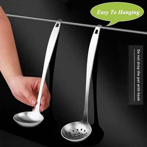 Cooking Ladles,Serving Scoop And Ladle Strainer Set Of 2 with Hook and Hole for Easy Hanging,Stainless Steel Soup Ladles Set for Kitchen