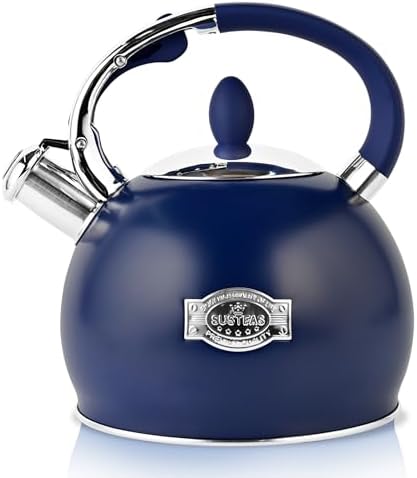 SUSTEAS Whistling Tea Kettle, 2.7QT Food-Grade Steel Teapot, NAVY BLUE