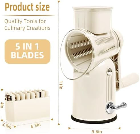 Rotary Cheese Grater with Handle, 5 Replaceable Blades(White)
