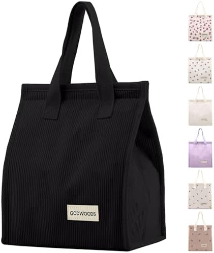 TELLUMO Corduroy Insulated Lunch Bag, 7.75L Large Capacity Reusable Lunch Box, Cute Lunch Tote for Women Men, Leakproof Lunch Cooler for Work Picnic Travel (Corduroy Black)