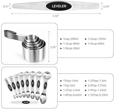 Magnetic Measuring Cups and Spoons Set, Stainless Steel, 14 Pcs