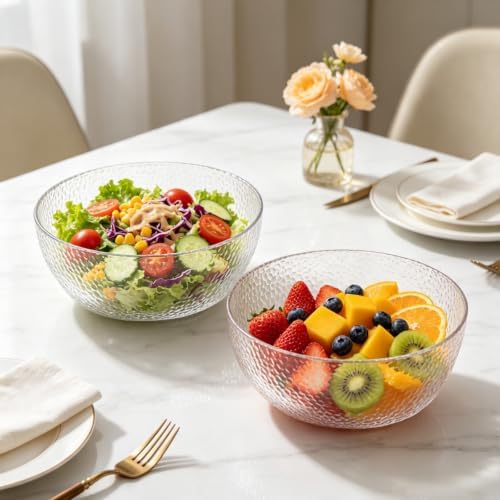 118 oz Acrylic Salad Bowls, 9.2" Serving Bowls for Fruits, Popcorn, Chips, Dips, Condiments, Break-Resistant Set of 2, Clear Circular