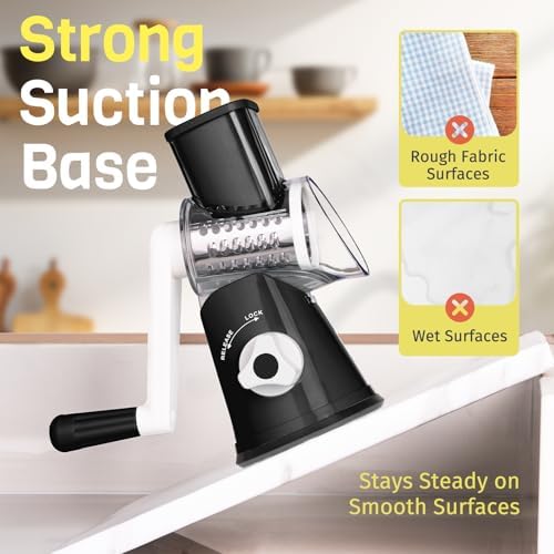 Cheese Grater Hand Crank, Rotary Cheese Shredder with 3 Interchangeable Blades for Coarse, Fine Shredding and Slicing, Strong Suction Base for Pizza, Pasta, Salad, Vegetables, Nuts, Chocolate