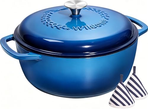 Enameled Cast Iron Dutch Oven - Wildone 6QT Pot with Lid & Cotton Potholders - Oven Safe Enamel Cookware for Bread Baking, Braising, Stews, Roasting, Blue