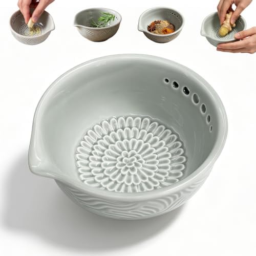 Grater Plate, 3 in 1 Handmade Tool Ceramic Bowl with Herb Stripper (Gray)