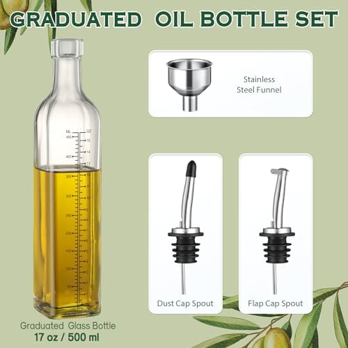 AOZITA 17oz Glass Olive Oil Dispenser Bottle - 500ml Clear -Oil & Vinegar Cruet with Pourers and Funnel - Olive Oil Carafe Decanter for Kitchen