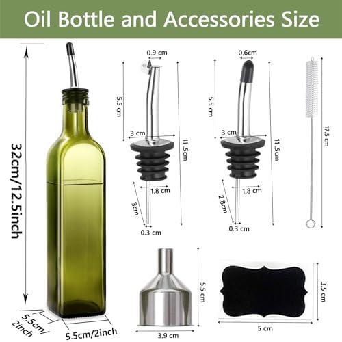 Leaflai Glass Olive Oil Dispenser and Vinegar Dispenser Set with 2 Stainless Steel Pourers, 4 Labels, 1 Brush and 1 Funnel Oil Bottles for Kitchen (500ml)