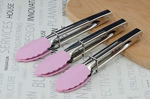 HINMAY 7-Inch Serving Tongs with Silicone Tips, Set of 3 (Pink)
