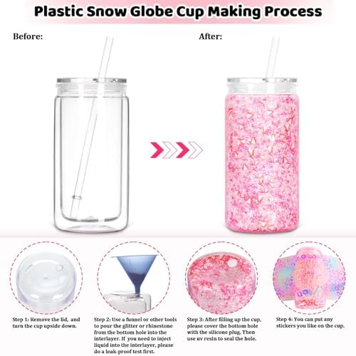 8 Pack plastic Snow Globe Tumbler, 16 Oz Double Wall Plastic Can with Lid and Straw, Mason Jar Mug for Snow Globe Glitter DIY Gift (Clear)