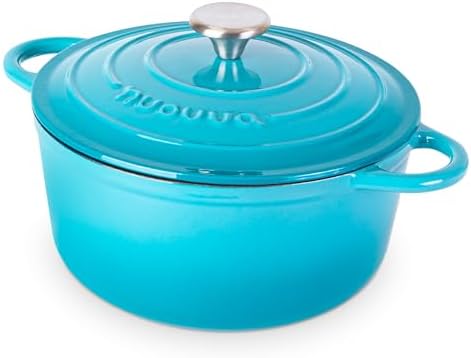 Cast Iron Pot with Lid - Non-Stick Ovenproof Enamelled Casserole Pot, Oven Safe up to 500° F-Sturdy Dutch Oven Cookware - Blue, 5-Quart, 24cm-by Nuovva