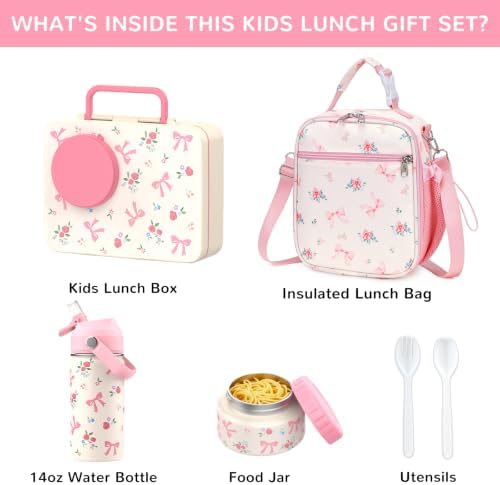 Kids Bento Box with Food Jar, Water Bottle, Lunch Bag, Floral