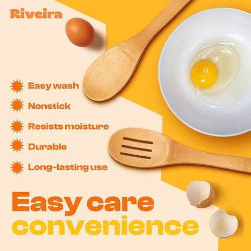 Riveira Bamboo Wooden Spoons for Cooking 3-Piece, Apartment Essentials Wood Spatula Spoon Nonstick Kitchen Utensil Set Premium Quality Housewarming Gifts for Everyday Use