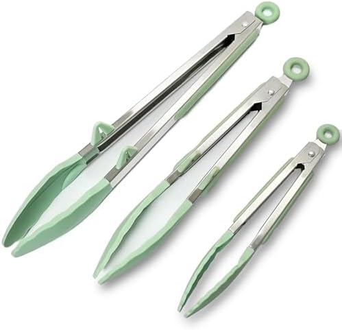 Kitchen Tongs for Cooking with Silicone Tips, 3 Size Serving Tongs, Green
