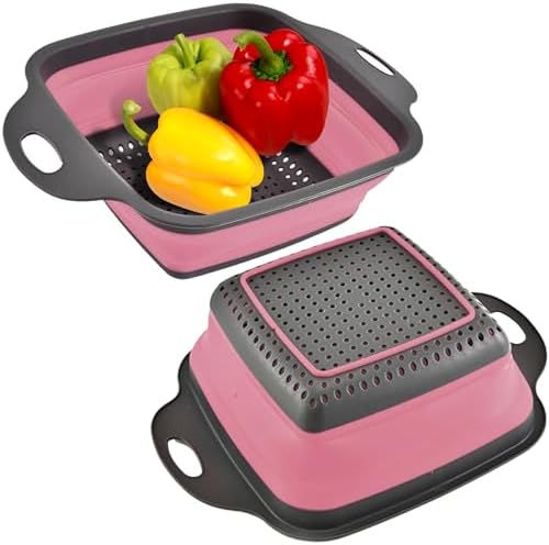 Pink Silicone Food Colander Kitchen – Small Collapsible Strainer with Handle Collapsable Strainer Kitchen Foldable Colander for Pasta Spaghetti Fruit Vegetable