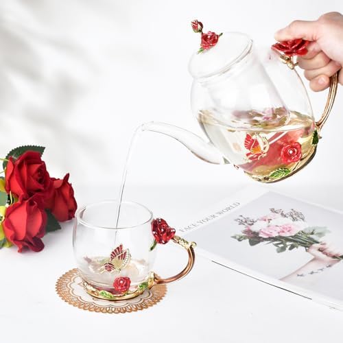 OEAGO Enamel Glass Flower Tea Pot 30.4OZ Birthday Gifts for Women Mom