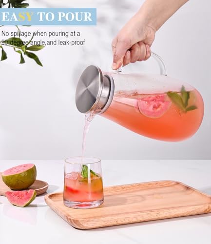 Borosilicate Glass Pitcher with Lid and Handle, 64oz for Hot Cold Beverages