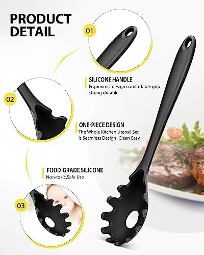 3 Pcs Silicone Kitchen Utensils Set, Soup Ladle-Pasta Fork-Slottede Spoon, Nonstick BPA Free High Heat Resistant Cooking Utensils for Mixing, Serving, Draining, Turning, Stirring