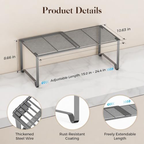 Extendable Metal Wire Shelf Organizer - Adjustable 15-24.4in Length, Stackable Storage Rack for Kitchen/Pantry/Bathroom/Shoe Cabinet/Tool Closet (Gunmetal, 4 Pack)