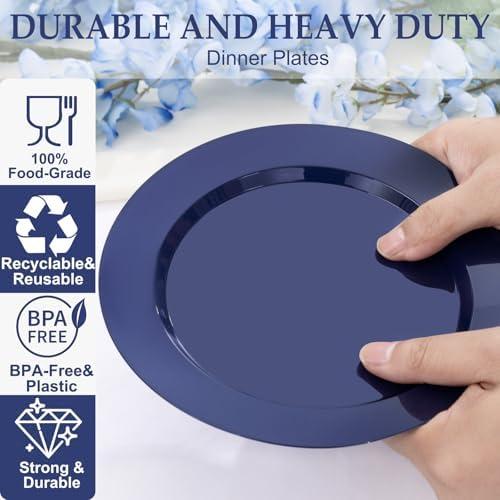 FLOWERCAT 200PCS Navy Blue Plastic Plates Disposable Plates for Party - Heavy Duty Plastic Plates - 10" &7" Plate for 100 Guests Hanukkah Parties and New Year Events