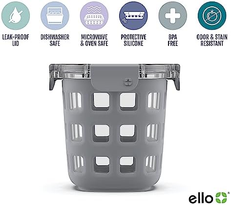 Ello DuraGlass Rounds Glass Food Storage Containers - Meal Prep Bowls with Silicone Sleeve and Airtight Lids, 3 Cup, Gray