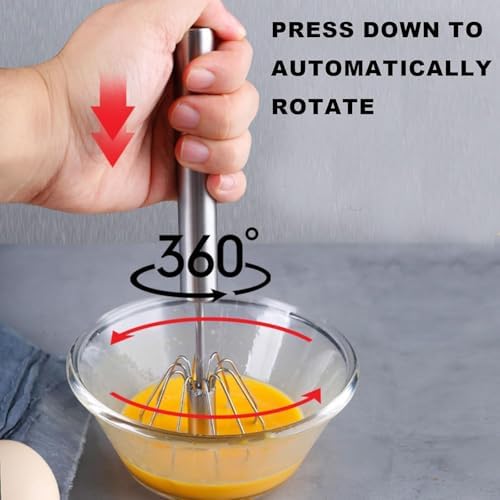 Semi-automatic Whisk, Stainless Steel Egg Beater, Versatile Milk Frother, Hand Push Rotary Whisks Mixer Stirrer for Blending, Whisking, Beating & Stirring (Silver 12+14in)