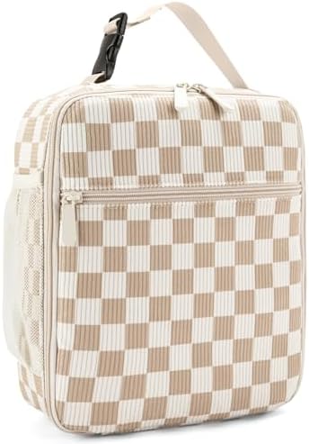 Lunch Box for Women Men Adult Insulated Lunch Bag Women Men Small Reusable Lunchbox for Work Picnic Travel (Beige-Brown Plaid)
