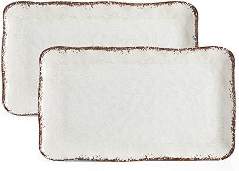LEHAHA Farmhouse Large Serving Platters, 2 Piece Melamine Dinnerware Set, 17.5 x 10 Inches Vintage Serving Tray, Rectangle White Rustic Trays Set of 2