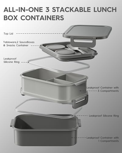 KEMETHY Adults Bento Lunch Box Set with Thermo Bag, 74oz Stackable Leak-proof 3-tiers Bento Box, Built-in Utensil and Sauce Container for Work, School, Dining Out (Gray)