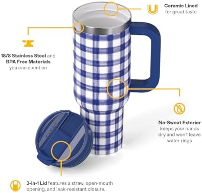 RTIC 40oz Road Trip Tumbler, Insulated, Ceramic Lined, Cobalt Gingham
