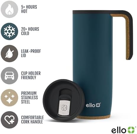 Ello Magnet 18oz Insulated Stainless Steel Travel Mug with Handle, Poseidon