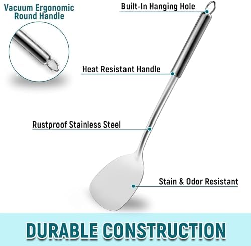 Pleafind 2-Pcs Solid & Slotted Spatula Set, 304 Stainless Steel Spatula, Metal Spatulas, Wok Utensils, Cooking Utensils, Wok Spatulas for Home, Kitchen and Restaurant, Dishwasher Safe