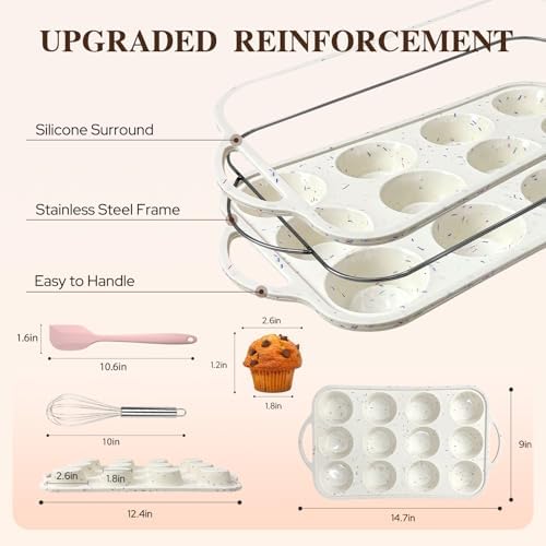2 Pack Silicone Muffin Pans, 12 Cup Cupcake Pan with Metal Reinforced Frame