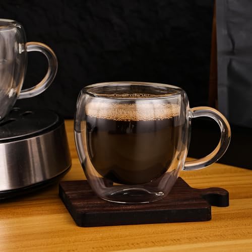 Espresso Cups Set of 4 with Handle, 2.5oz Expresso Coffee Cup, Small Expresso Shot Glasses, Clear Double Wall Insulated Espresso Mugs,Tazas de Cafe Expreso, Suit for Espresso Machine Accessories