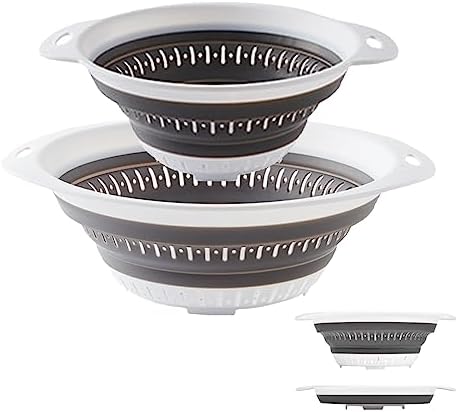 Collapsible Colander and Strainer,Silicone Strainer Colanders & Food Strainers,for Vegetable and Fruit, Kitchen Essentials (2, White, 1.3L+2.5L)