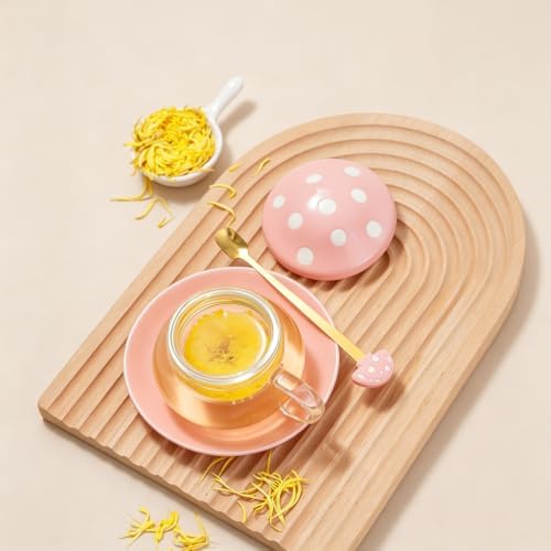 Mushroom Tea Cup Set, Cute Glass Tea Cups and Saucers, Kawaii Teacup with Infuser for Loose Leaf Tea Steeper, Coffee Mugs Birthday Gifts for Women, Tea Infuser Mug with Lid for Mother Girls (Blue)