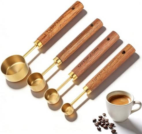 Gold Measuring Spoons Set of 4, Stainless Steel Coffee Measuring Scoop with Wooden Handles Teaspoon Measuring Cups for Coffee Tea Spices Cooking Baking