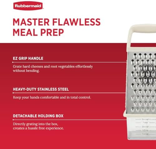 Rubbermaid EZ Grip Box Grater, Stainless Steel Cheese Grater & Container - BPA Free Multi-Surface Cheese Shredder & Food Grater Coconut Milk | Graters for Kitchen -Non-Slip Base, Dishwasher Safe