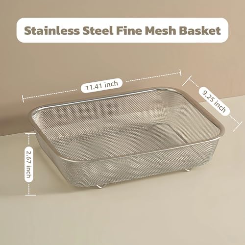 18/8 Stainless Steel Fine Mesh Strainer Basket with Feet, Rectangular Colander for Vegetables, Fruits, Pasta, Noodles – Rustproof, Durable & Easy to Clean (11.02 inch)
