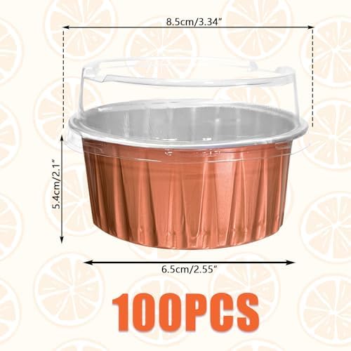 100Pcs Aluminum Cups with Lids,5oz Disposable Ramekin Baking Cups Muffin Liners Mini Pie Pans Foil Cupcake Containers for Christmas Party Wedding Party,Orange