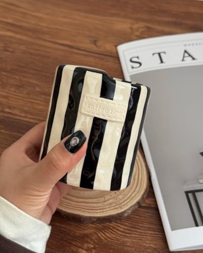 Coffee Mug Espresso Cup 10oz Ceramic Coffee Mugs Porcelain Coffee Cup Hand-Painted Striped Art Multiple Use for Kitchen, Dining-Black