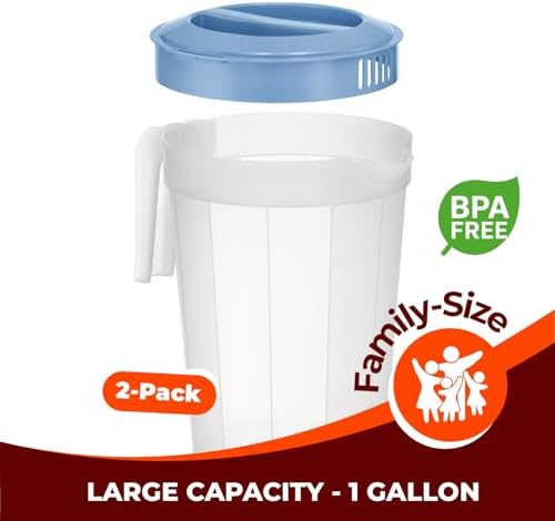 Tribello 2-Pack 1-Gallon Plastic Pitchers with Lids – Iced Tea Pitchers with Twist Cover BPA-Free, Dishwasher & Freezer Safe, Ideal for Water, Juice & Fridge Storage