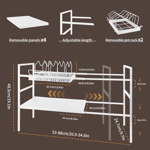 Pots and Pans Organizer Under Cabinet, Expandable Pots Organizers Inside Cabinet, Adjustable Height Under Sink Shelf 2 Tier with 10 Dividers Under Cabinet Shelf, Pot and Pan Lid Holder Rack (White)