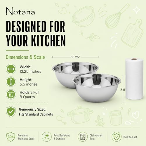 Large Stainless Steel Mixing Bowl 8 Quart - Extra Large Metal Mixing Bowl for Baking, Bread Dough, Salad - Deep Stainless Bowl - Commercial Kitchen Basin - Meal Prep - Stainless Steel- 2 Pack