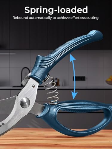 Poultry Shears, Heavy Duty Kitchen Shears With Anti-Slip Handle & Safety Lock, Poultry Scissors for Meat, Chicken, Bone,Turkey, Fish, Spring Loaded, Dishwasher Safe(Navy Blue)