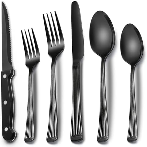 EWFEN 24-Piece Black Silverware Set with Steak Knives, Black Flatware Set for 4, Food-Grade Stainless Steel Tableware Cutlery Set, Mirror Finished Utensil Sets for Home Restaurant, Roman Column