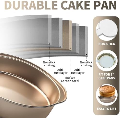 6 Inch Cake Pan, 3PCS Nonstick Round Cake Pans with 50 PCS Parchment Paper, Durable Birthday Circle Cake Baking Pan with Handle for Multi-Layer Cakes, Dishwasher Safe (Gold, 6")
